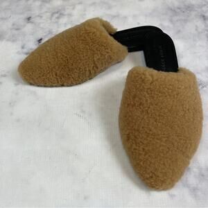Jenni Kayne Camel Brown Shearling Fleece Mules Slip-On Flats NWOB Sz 36 / 6